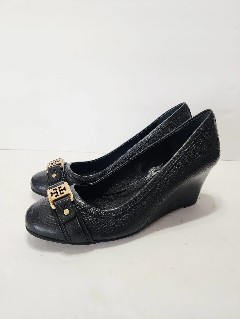 Tory Burch Black Leather Logo-Embellished Wedges Size 7.5